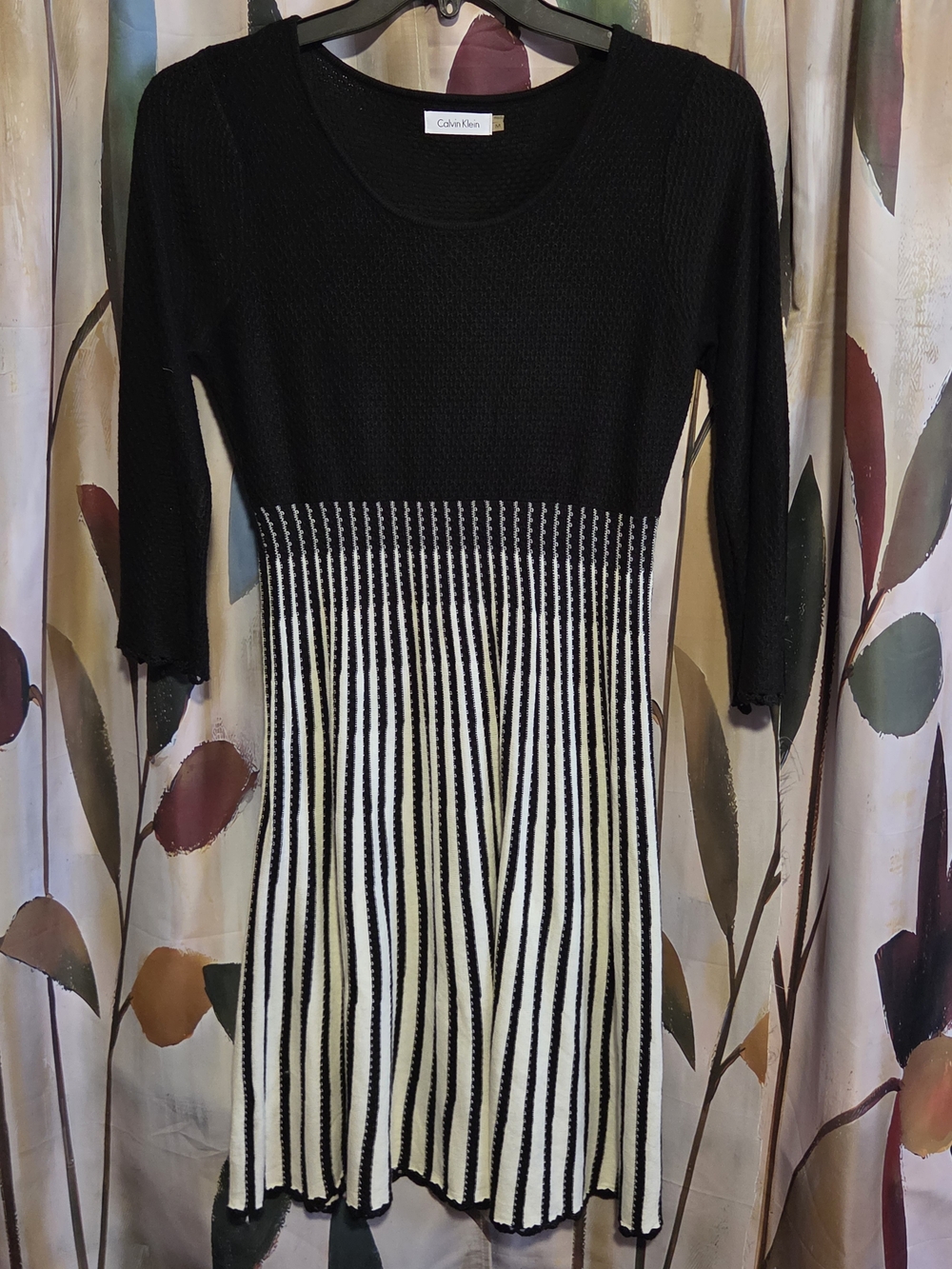 Calvin Klein Black and White Striped Knit Midi Dress